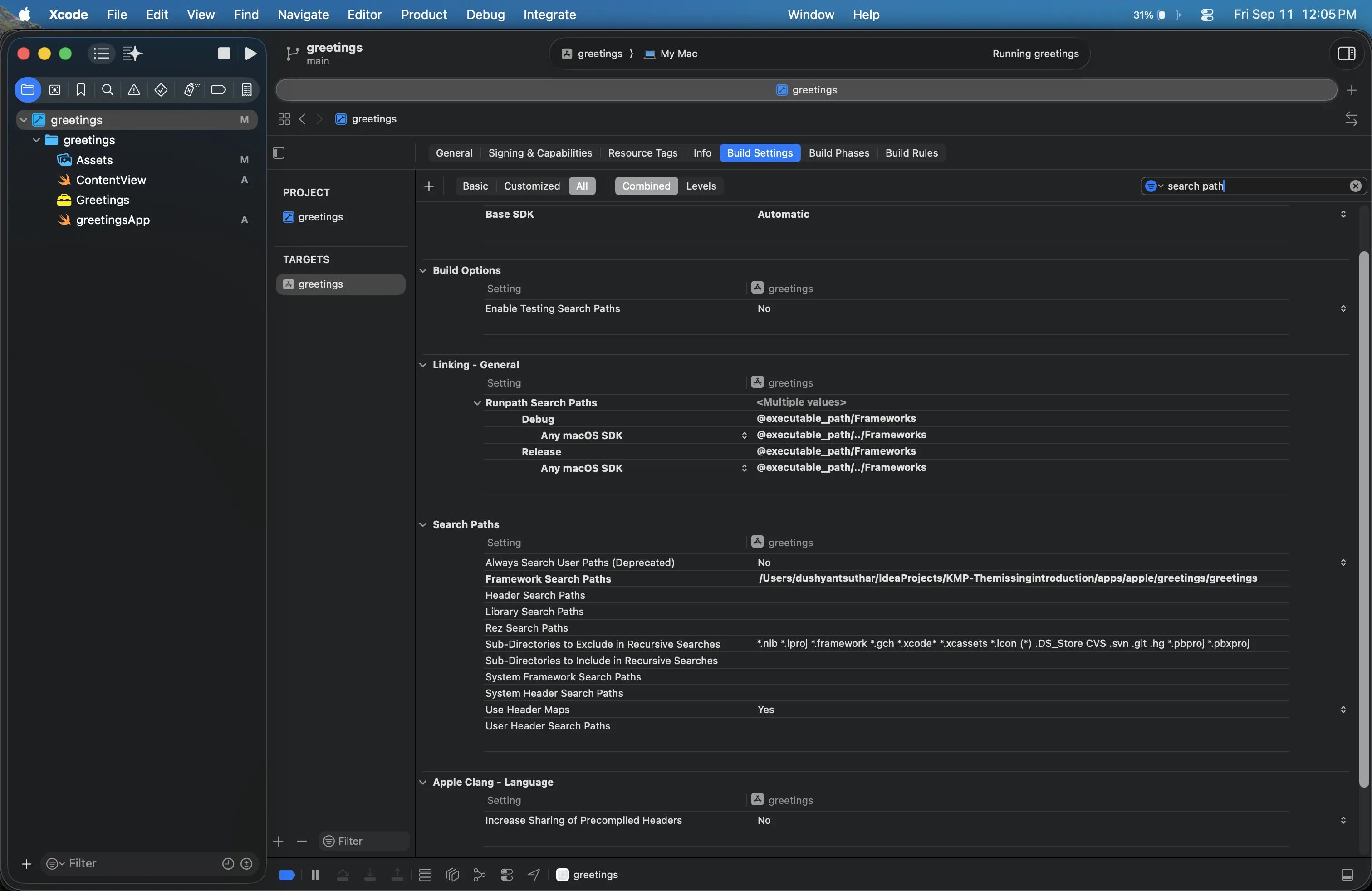 Xcode Build Settings, Framework Search Paths with the greetings folder added